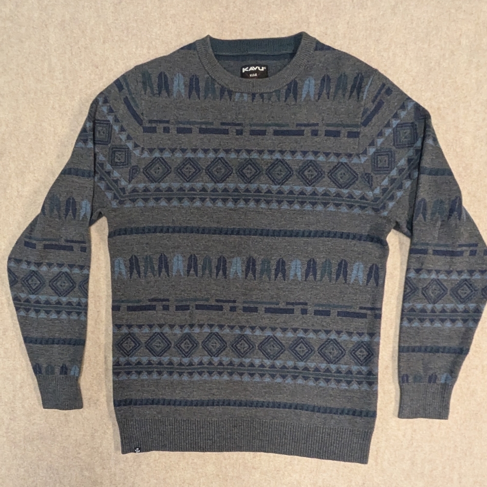 Like New* Kavu Men's Gray & Blue Geometric Lightweight Crewneck Sweater Sz Small